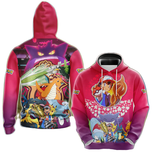 Pokemon Hoodie Ash Ketchum Champion T-Shirt Pink Unisex - Trendy Gift For Men & Women