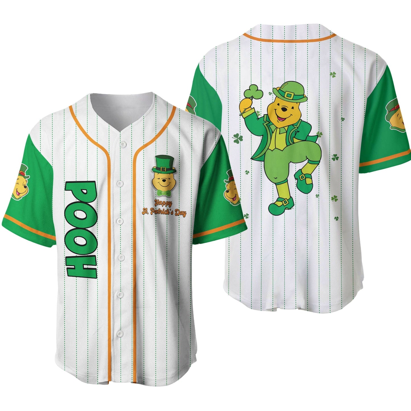 Winnie the Pooh Baseball Jersey Patrick's Day Winnie the Pooh Jersey Shirt White Green Unisex Adult
