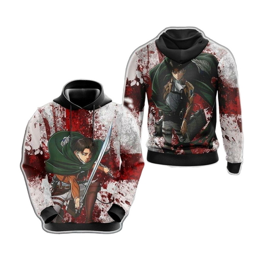 Attack On Titan Hoodie Attack On Titan Levi In Action Hoodie White Red Unisex - Cozy Hoodie For Cold Weather