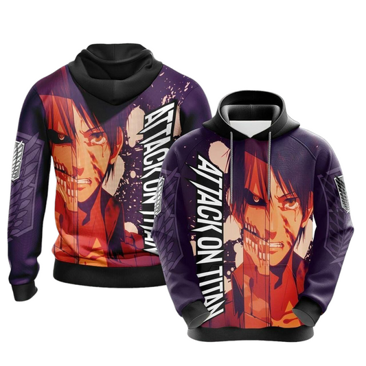 Attack On Titan Hoodie Eren Yeager And Titan Form Hoodie Purple Unisex - Cozy Hoodie For Cold Weather