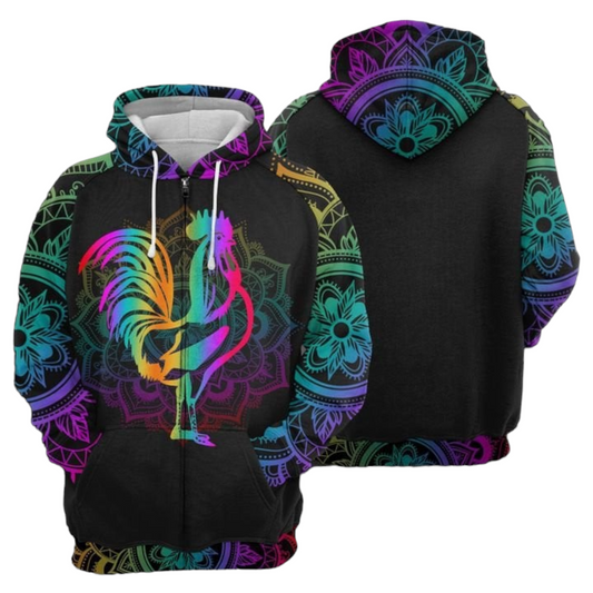 Chicken Zip Hoodie Rooster Mandala Flower Pattern Zip Hoodie Colorful Unisex - Cozy Hoodie For Cold Weather