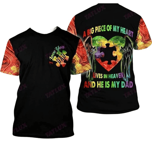 Autism T-Shirt A Big Piece Of My Heart Lives In Heaven T-Shirt Black Unisex - Trendy Gift For Men & Women