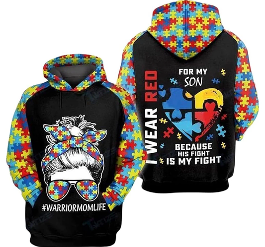 Autism Hoodie Warrior Mom Life I Wear Red My Son Hoodie Colorful Unisex - Cozy Hoodie For Cold Weather