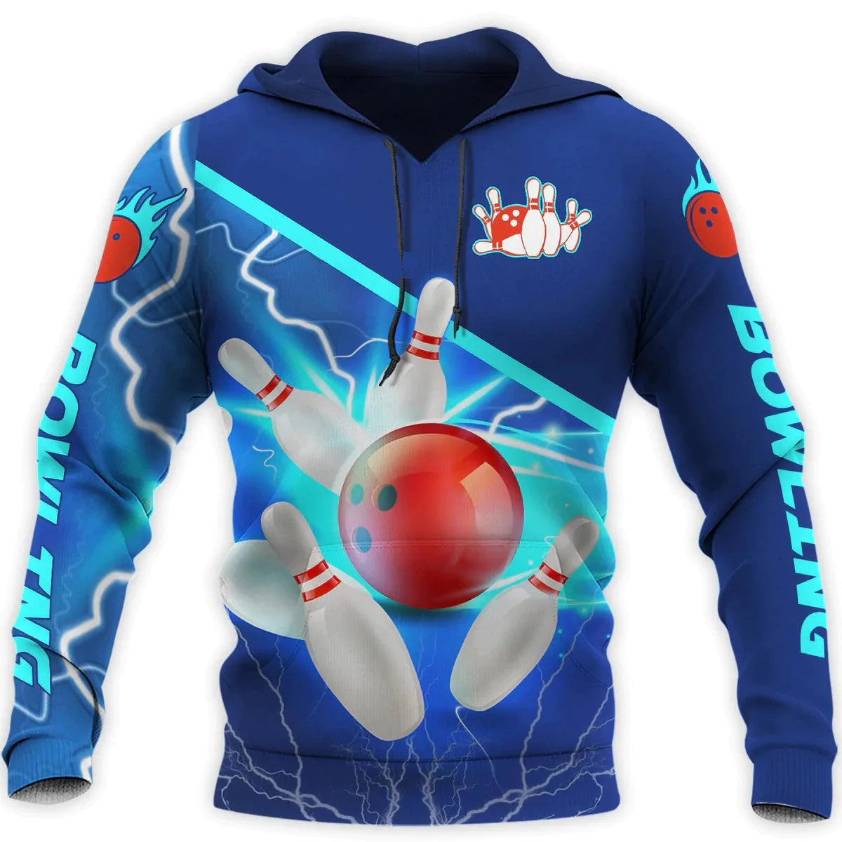 Bowling Hoodie Bowling Pins And Balls Thunder Pattern T-shirt Blue Unisex