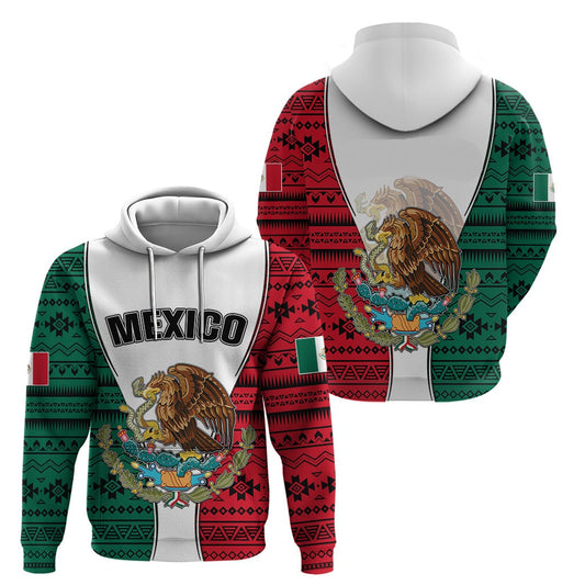 Mexico Hoodie Coat Of Arms With Mexican Aztec Pattern Hoodie Red Green Unisex - Cozy Hoodie For Cold Weather
