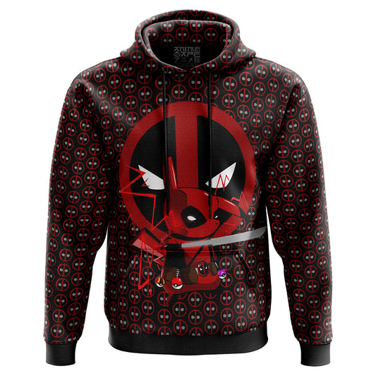 Deadpool Hoodie Marvel Pikachu Deadpool Symbol Pattern Hoodie Red Black Unisex - Cozy Hoodie For Cold Weather