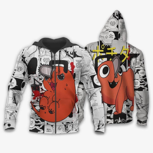 Chainsaw Man Zip Hoodie Pochita Manga Style Zip Hoodie Black White Unisex - Cozy Hoodie For Cold Weather