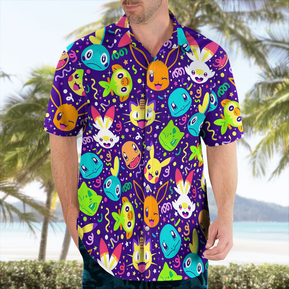 Pokemon Party Faces Neon Purple Hawaiian Shirt - Tropi Hawaiian Shirts