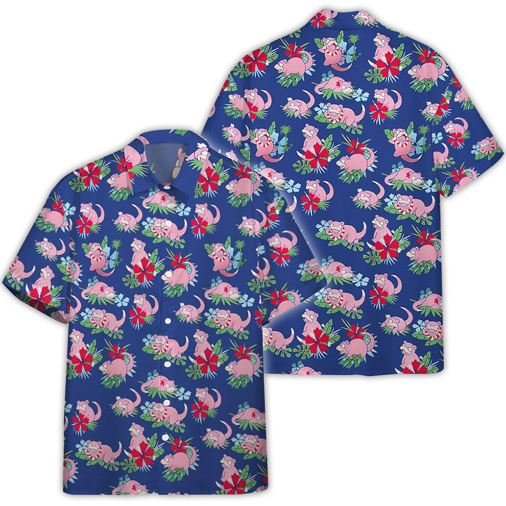 Pokemon Slowpoke Pink Button Shirt Blue Island Vibes | Tropi Hawaiian Shirts Store