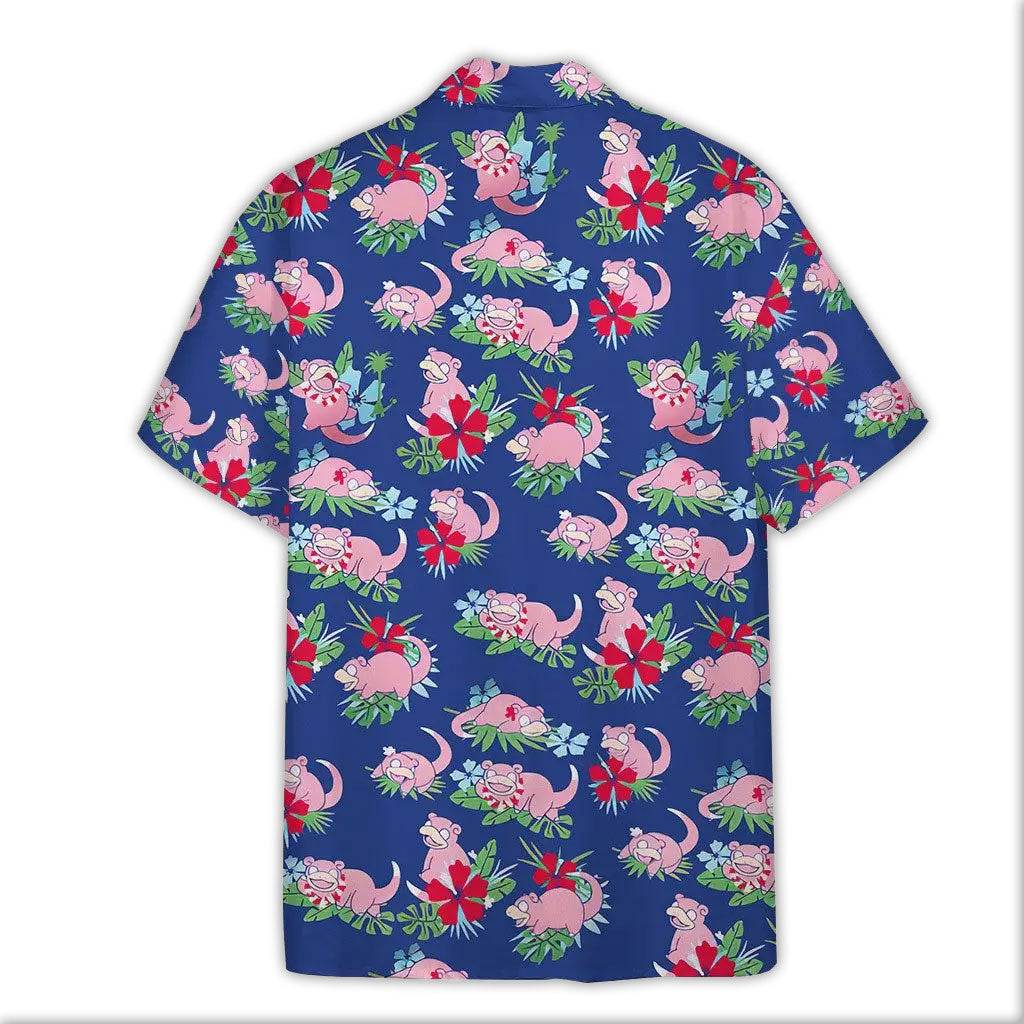 Pokemon Slowpoke Pink Button Shirt Blue Island Vibes | Tropi Hawaiian Shirts Store