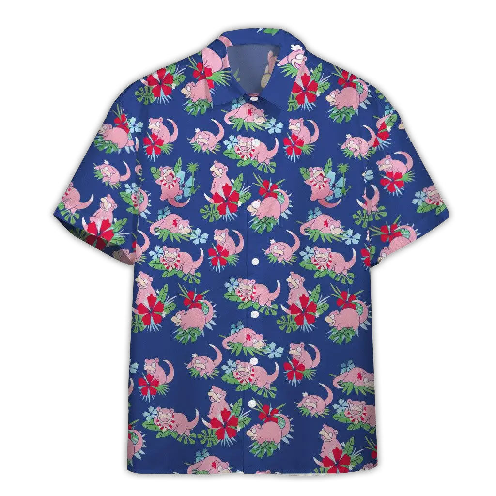 Pokemon Slowpoke Pink Button Shirt Blue Island Vibes | Tropi Hawaiian Shirts Store