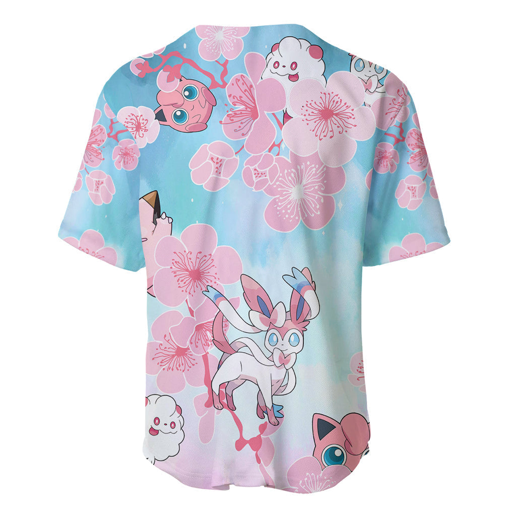 PKM Baseball Jersey PKM Fairy Type with Sakura Pattern Jersey Shirt Pink Blue Unisex