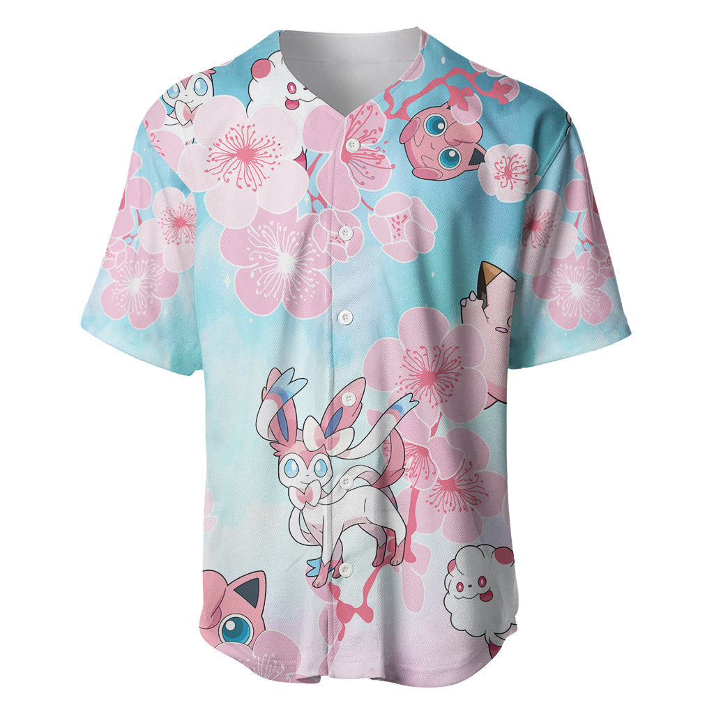 PKM Baseball Jersey PKM Fairy Type with Sakura Pattern Jersey Shirt Pink Blue Unisex