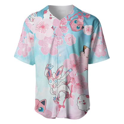PKM Baseball Jersey PKM Fairy Type with Sakura Pattern Jersey Shirt Pink Blue Unisex