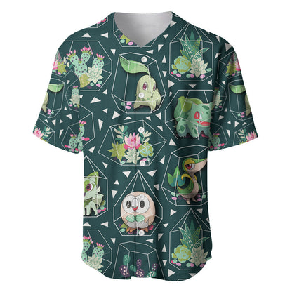 PKM Baseball Jersey PKM Grass Type Succulents Terrarium Pattern Jersey Shirt Green Unisex