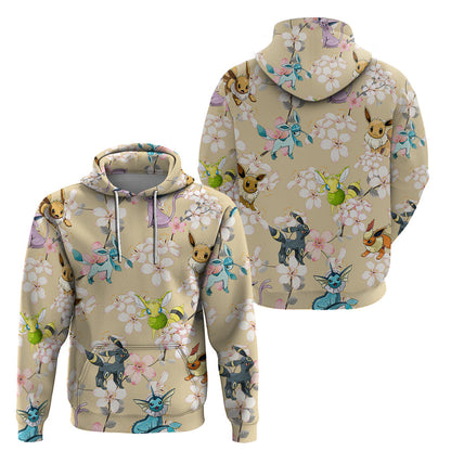 Pokemon Hoodie Pokemon Eeveelutions Cherry Blossom Pattern Hoodie Yellow Unisex - Cozy Hoodie For Cold Weather