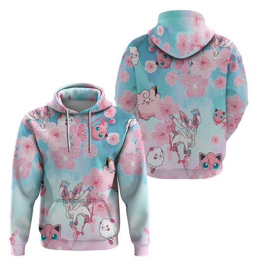 Pokemon Hoodie Pokemon Fairy Type Cherry Blossom Pattern Hoodie Pink Blue Unisex - Cozy Hoodie For Cold Weather