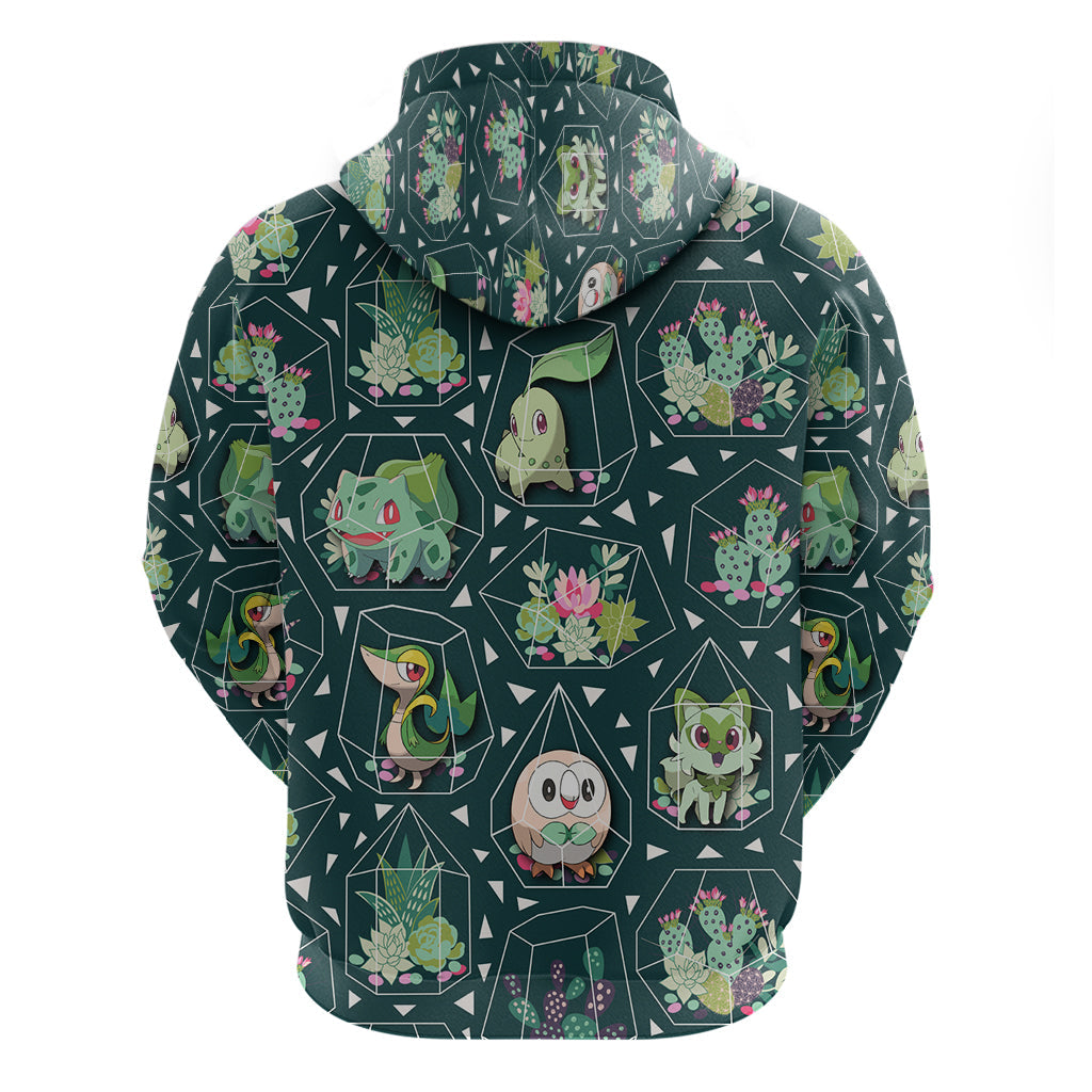 Pokemon Hoodie Pokemon Grass Type Succulents Terrarium Pattern Hoodie Green Unisex - Cozy Hoodie For Cold Weather