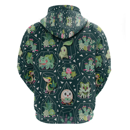 Pokemon Hoodie Pokemon Grass Type Succulents Terrarium Pattern Hoodie Green Unisex - Cozy Hoodie For Cold Weather