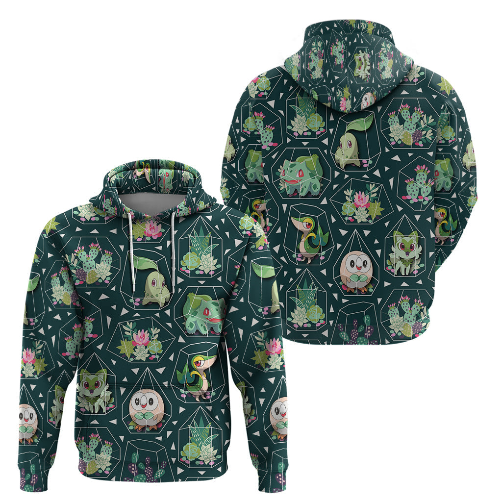 Pokemon Hoodie Pokemon Grass Type Succulents Terrarium Pattern Hoodie Green Unisex - Cozy Hoodie For Cold Weather