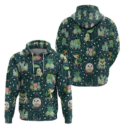 Pokemon Hoodie Pokemon Grass Type Succulents Terrarium Pattern Hoodie Green Unisex - Cozy Hoodie For Cold Weather