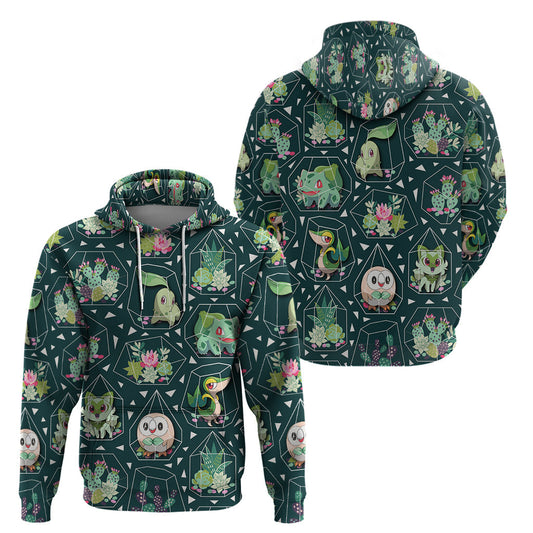 Pokemon Hoodie Pokemon Grass Type Succulents Terrarium Pattern Hoodie Green Unisex - Cozy Hoodie For Cold Weather