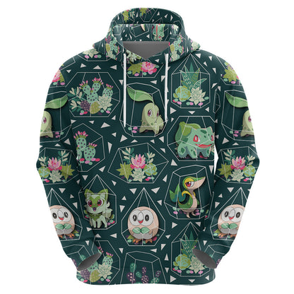 Pokemon Hoodie Pokemon Grass Type Succulents Terrarium Pattern Hoodie Green Unisex - Cozy Hoodie For Cold Weather