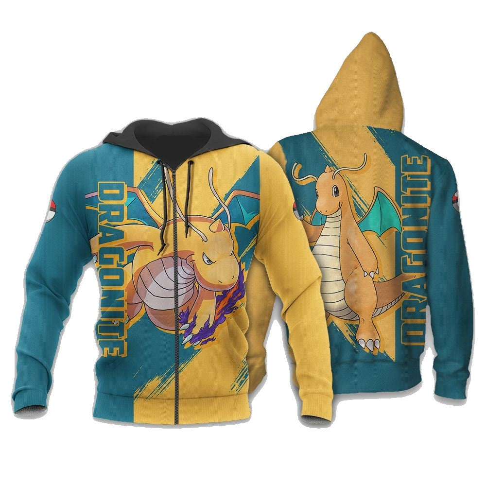 Pokemon Zip Hoodie Pokemon Dragonite Attack Pose Zip Hoodie Blue Yellow Unisex - Cozy Hoodie For Cold Weather