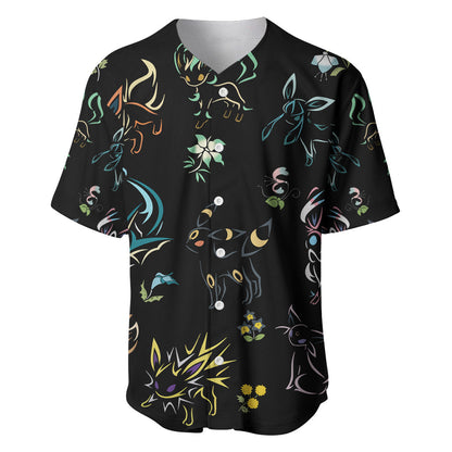 PKM Baseball Jersey PKM Eeveelutions Silhouette Flower Pattern Jersey Shirt Black Unisex