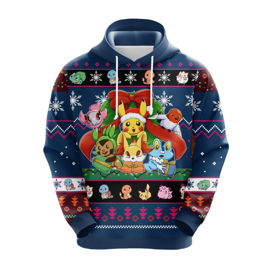 Pokemon Hoodie Pikachu And Other Pokemon Friends Christmas Hoodie Blue Unisex - Cozy Hoodie For Cold Weather