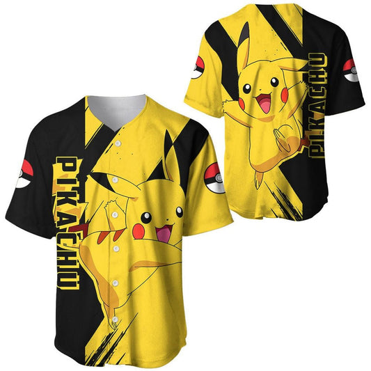 PKM Baseball Jersey PKM Pikachu Cute Gaphic Jersey Shirt Black Yellow Unisex