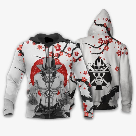 One Piece Zip Hoodie Portgas D Ace Cherry Blossom Style Zip Hoodie White Unisex - Cozy Hoodie For Cold Weather