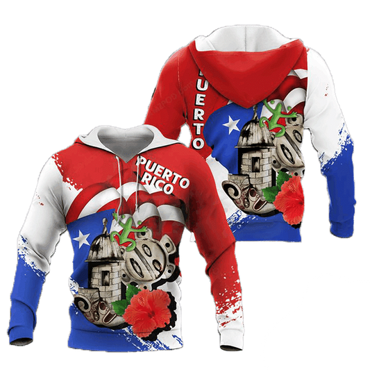 Puerto Rico Hoodie Puerto Rico Flag Symbols Pattern Hoodie Red Blue Unisex - Cozy Hoodie For Cold Weather
