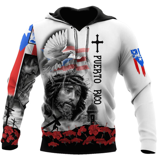 Puerto Rico Hoodie Puerto Rico Jesus Dove Cross Hoodie White Gray Unisex - Cozy Hoodie For Cold Weather