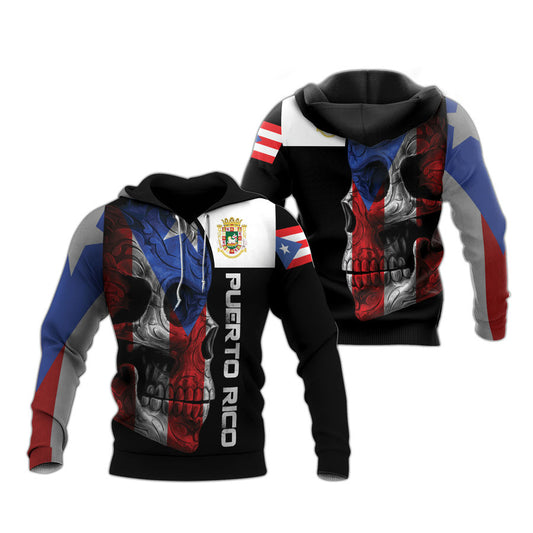 Puerto Rico Hoodie Puerto Rico Flag Skull Graphic Hoodie Black Unisex - Cozy Hoodie For Cold Weather
