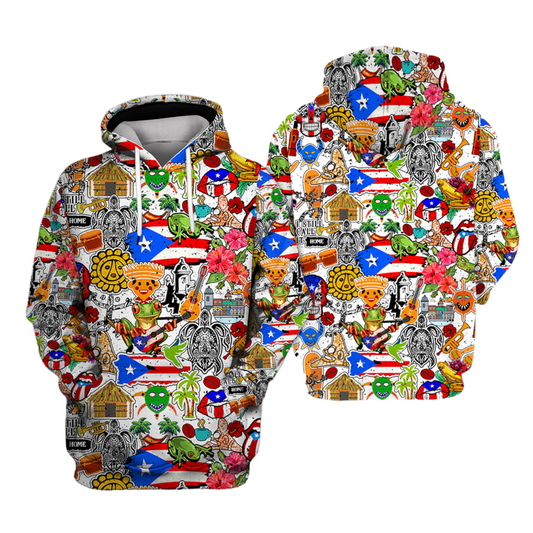 Puerto Rico Hoodie Puerto Rico Stitckers Doodle Pattern Hoodie Colorful Unisex - Cozy Hoodie For Cold Weather