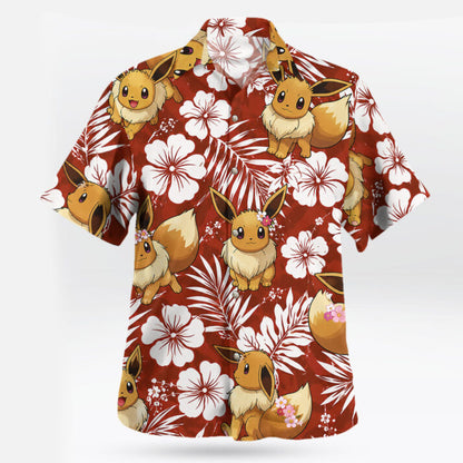 Red Eevee Tropical Floral Pokemon Hawaiian Shirt - Tropi Hawaiian Shirts