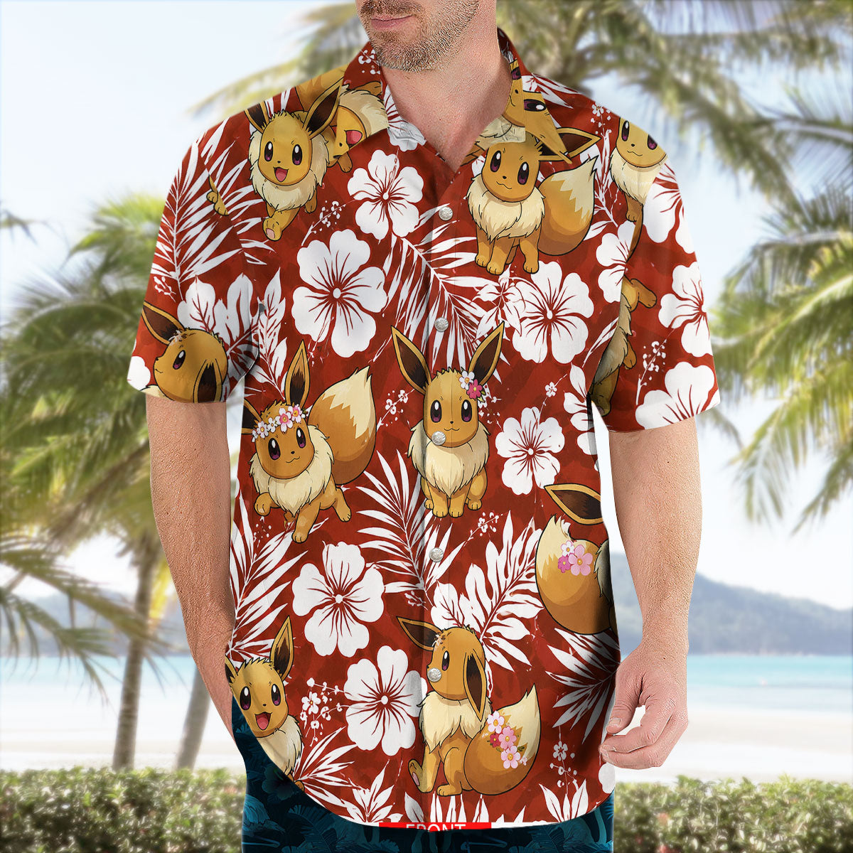 Red Eevee Tropical Floral Pokemon Hawaiian Shirt - Tropi Hawaiian Shirts
