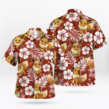 Red Eevee Tropical Floral Pokemon Hawaiian Shirt - Tropi Hawaiian Shirts