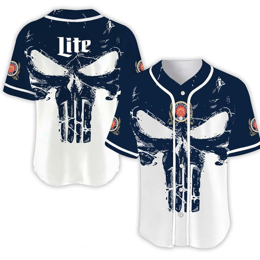 Miller Baseball Jersey Retro Punisher Skull Miller Lite Jersey Shirt White Blue Unisex Adult New Release