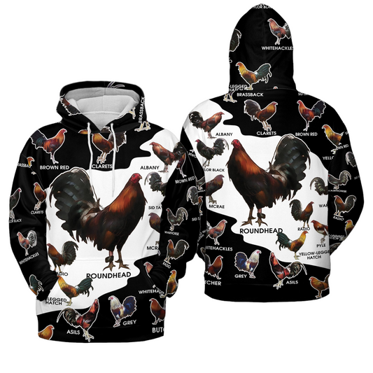 Chicken Hoodie All Type Of Rooster Breed Pattern Hoodie Black White Unisex - Cozy Hoodie For Cold Weather