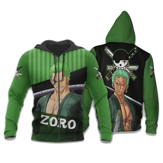 One Piece Zip Hoodie Roronoa Zoro Symbol Graphic Zip Hoodie Black Green Unisex
