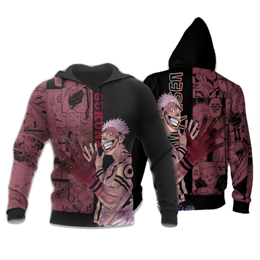 Jujutsu Kaisen Hoodie Ryoumen Sukuna Graphic Manga Style Hoodie Black Red Unisex - Cozy Hoodie For Cold Weather