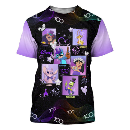 Disney T-Shirt Lilo And Stitch Square Disney 100 Years Of Wonder T-Shirt Black Purple Unisex Adults New Release - Trendy Gift For Men & Women