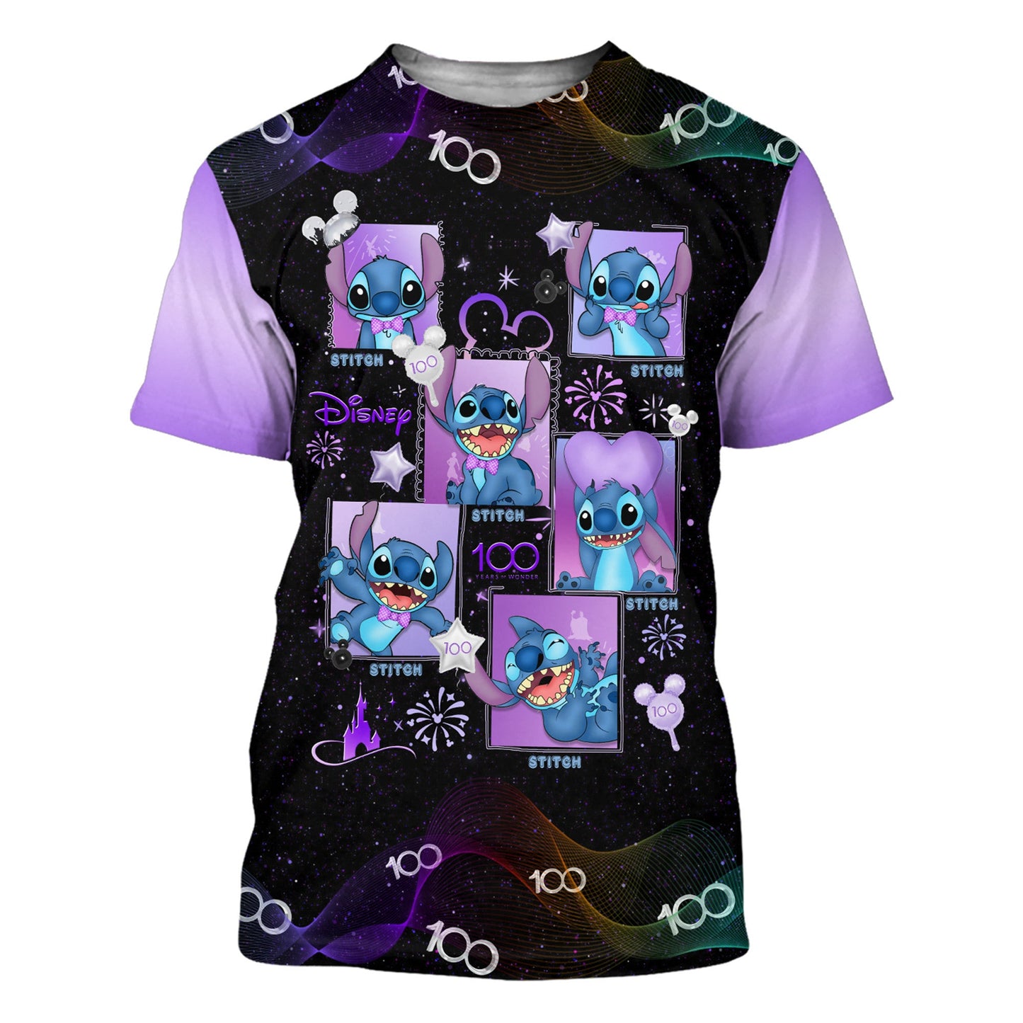 Disney T-Shirt Stitch Square Disney 100 Years Of Wonder T-Shirt Black Purple Unisex Adults New Release - Trendy Gift For Men & Women