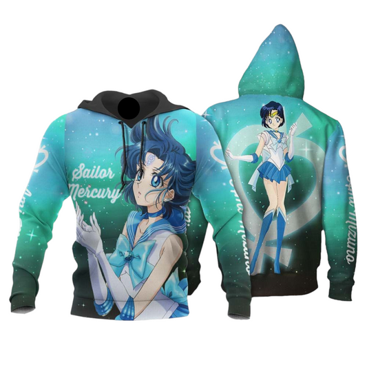 Sailor Moon Hoodie Sailor Mercury Ami Mizuno Graphic Hoodie Blue Unisex