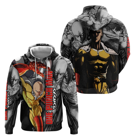 One Punch Man Hoodie One Punch Man Pose Pattern Hoodie Gray Unisex - Cozy Hoodie For Cold Weather