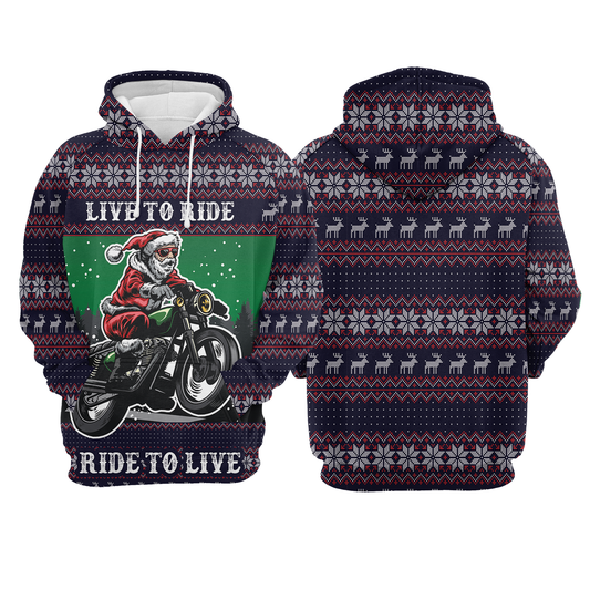 Motorcycle Hoodie Live To Ride Ride To Die Christmas Pattern Hoodie Black Red Unisex - Cozy Hoodie For Cold Weather