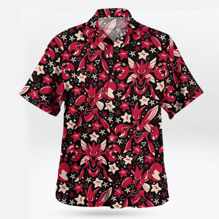 Scizor Red Floral Pattern Pokemon Hawaiian Shirt | Tropi Hawaiian Shirts Store