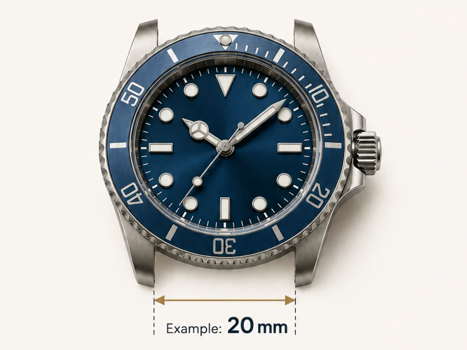 A watch case seen from above with the strap removed and an arrow across the gap between the lugs, marked 20 mm